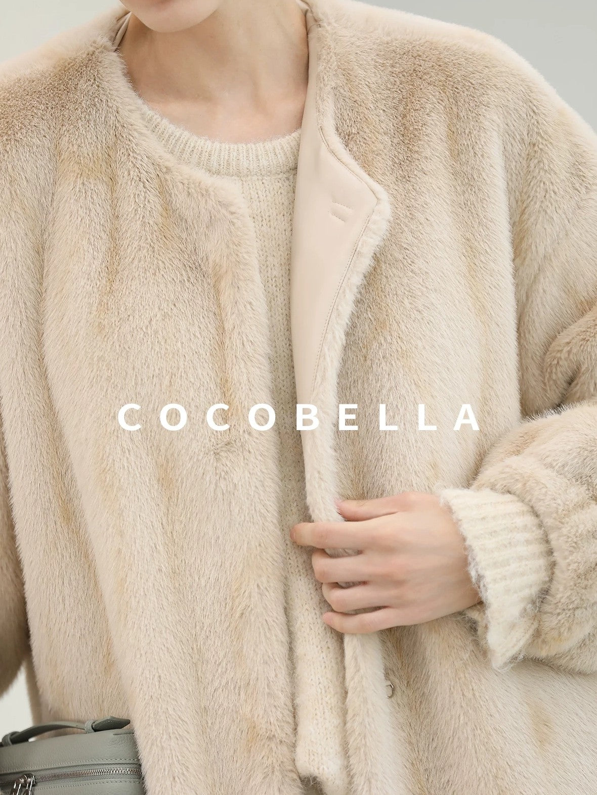 COCOBELLA Elegant Light Gold Faux Fur Long Straight Lantern Sleeves Women Coats
