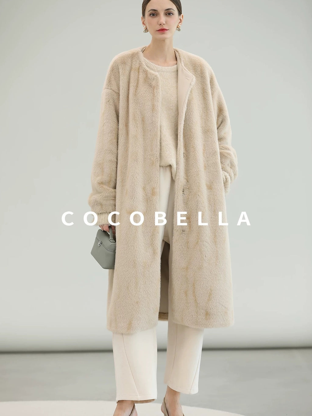 COCOBELLA Elegant Light Gold Faux Fur Long Straight Lantern Sleeves Women Coats