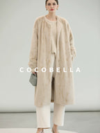 COCOBELLA Elegant Light Gold Faux Fur Long Straight Lantern Sleeves Women Coats