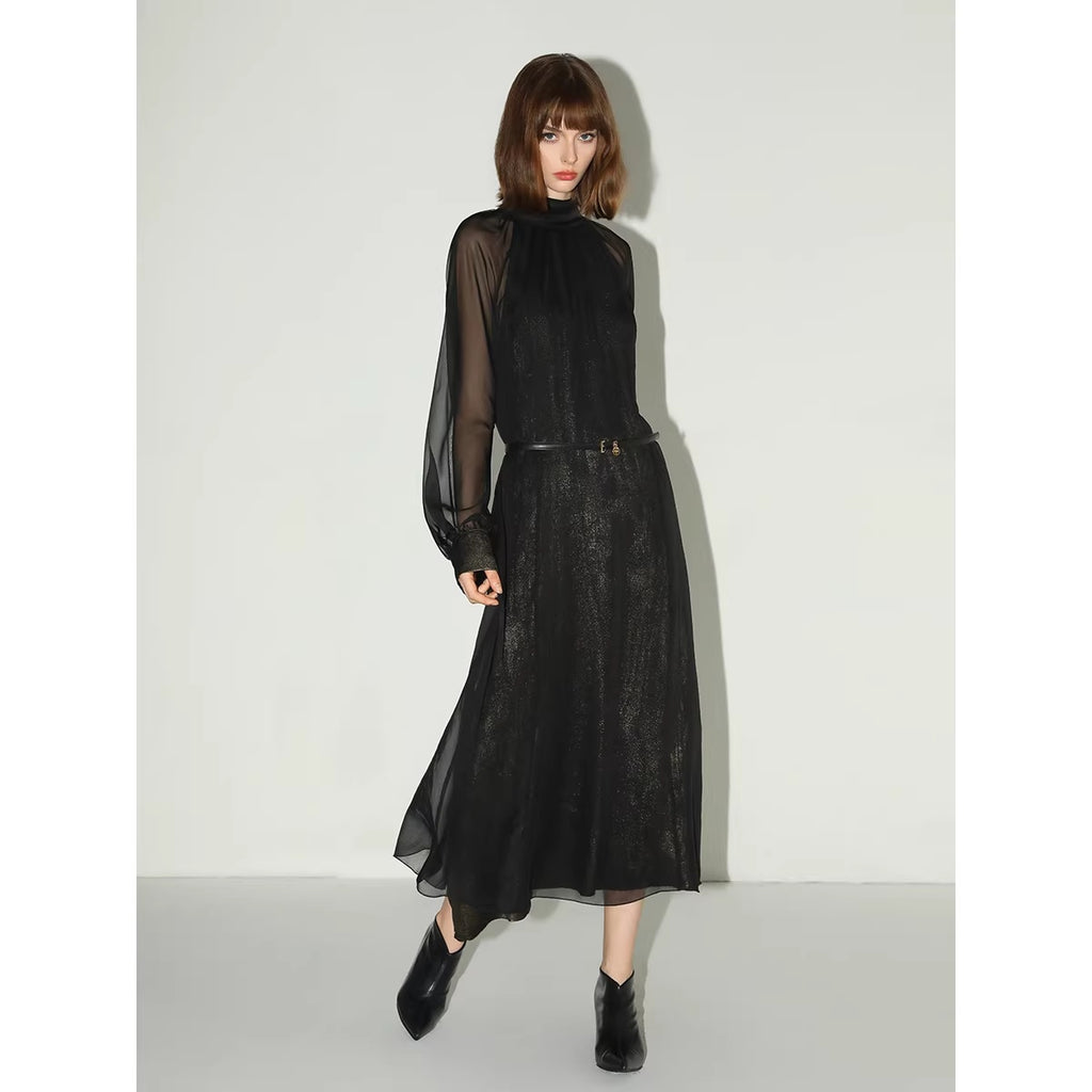 COCOBELLA_Elegant_Mock_Neck_Mesh_Patchwork_Faux_Layered_A_Line_Workwear_High_Neck_Dresses_MISSTT