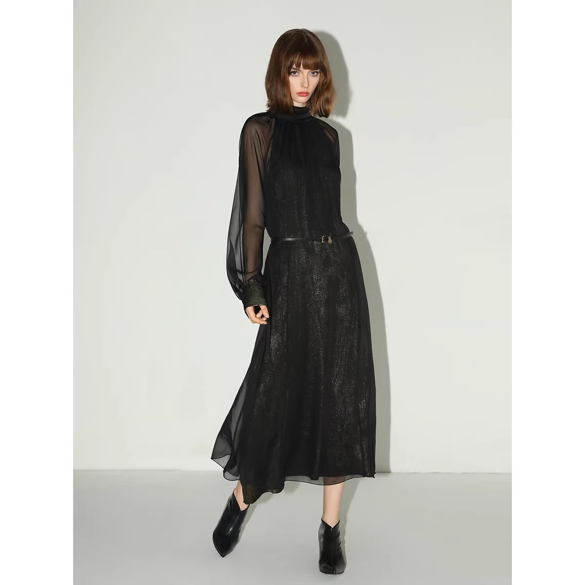 COCOBELLA_Elegant_Mock_Neck_Mesh_Patchwork_Faux_Layered_A_Line_Workwear_High_Neck_Dresses_MISSTT