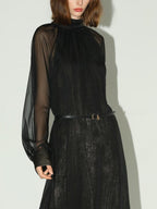 COCOBELLA Elegant Mock Neck Mesh Patchwork Faux Layered A Line Workwear High Neck Dresses