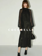 COCOBELLA Elegant Mock Neck Mesh Patchwork Faux Layered A Line Workwear High Neck Dresses