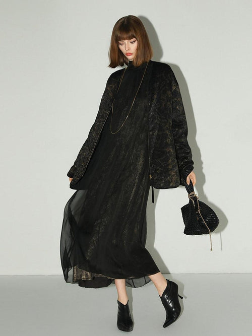 COCOBELLA Elegant Mock Neck Mesh Patchwork Faux Layered A Line Workwear High Neck Dresses