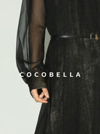 COCOBELLA Elegant Mock Neck Mesh Patchwork Faux Layered A Line Workwear High Neck Dresses
