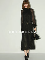 COCOBELLA Elegant Mock Neck Mesh Patchwork Faux Layered A Line Workwear High Neck Dresses