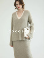 COCOBELLA Elegant Patchwork Thick Knit Mid Waist Straight Office Commuter Women Skirts