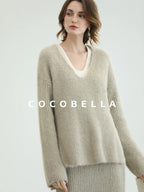 COCOBELLA Elegant Patchwork Thick Knit Mid Waist Straight Office Commuter Women Skirts