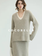 COCOBELLA Elegant Patchwork Thick Knit Mid Waist Straight Office Commuter Women Skirts