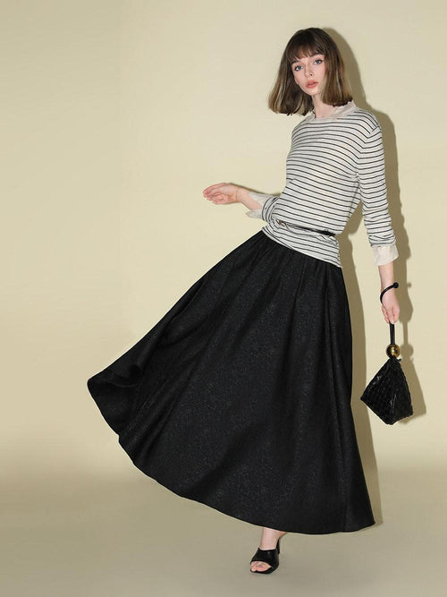 COCOBELLA Elegant Pleated A Line High Waist Jacquard Midi Flared Black Women Skirts