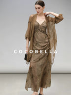 COCOBELLA Elegant Pleated Asymmetric French Chiffon Midlength Long Sleeve Tea Brown Shirts