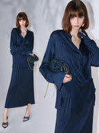 COCOBELLA Elegant Pleated Pencil Midi Skirt Mid Waist Office Women Deep Sea Blue Skirts