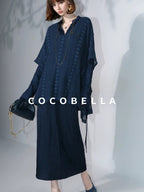 COCOBELLA Elegant Pleated Pencil Midi Skirt Mid Waist Office Women Deep Sea Blue Skirts