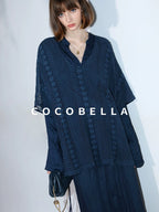 COCOBELLA Elegant Pleated Pencil Midi Skirt Mid Waist Office Women Deep Sea Blue Skirts