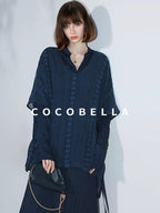 COCOBELLA Elegant Pleated Pencil Midi Skirt Mid Waist Office Women Deep Sea Blue Skirts
