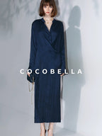 COCOBELLA Elegant Pleated Pencil Midi Skirt Mid Waist Office Women Deep Sea Blue Skirts