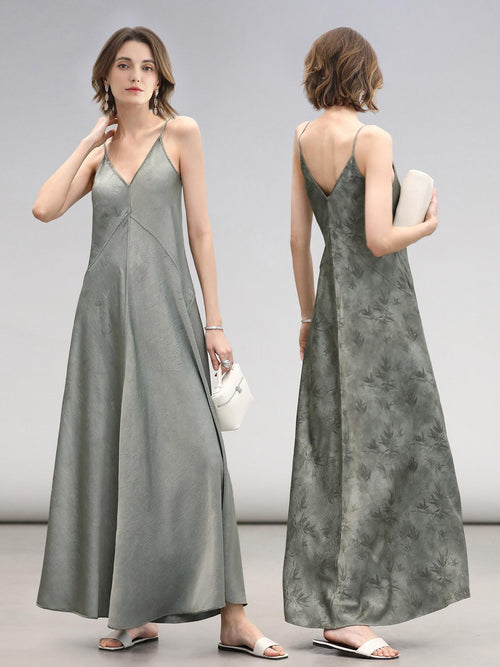 COCOBELLA Elegant Printed A Line V Neck Sleeveless Cinched Waist Reversible Slip Dresses