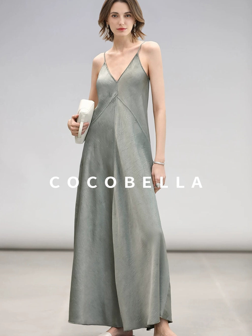 COCOBELLA Elegant Printed A Line V Neck Sleeveless Cinched Waist Reversible Slip Dresses