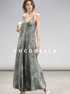 COCOBELLA Elegant Printed A Line V Neck Sleeveless Cinched Waist Reversible Slip Dresses