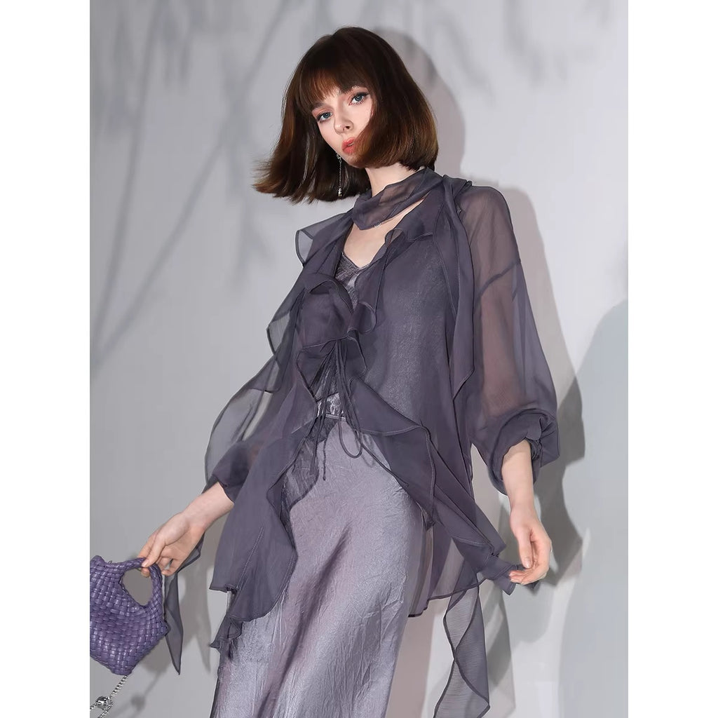 COCOBELLA_Elegant_Ruffle_Tie_Puff_Sleeve_Loose_Office_Women_Chiffon_Solid_T-Shirts_MISSTT