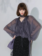 COCOBELLA Elegant Ruffle Tie Puff Sleeve Loose Office Women Chiffon Solid T-Shirts