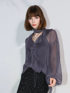 COCOBELLA Elegant Ruffle Tie Puff Sleeve Loose Office Women Chiffon Solid T-Shirts