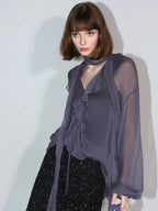 COCOBELLA Elegant Ruffle Tie Puff Sleeve Loose Office Women Chiffon Solid T-Shirts