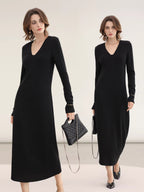 COCOBELLA_Elegant_Soft_V_Neck_Long_Sleeve_Straight_Fit_Women_City_Commute_Knit_Dresses_MISSTT