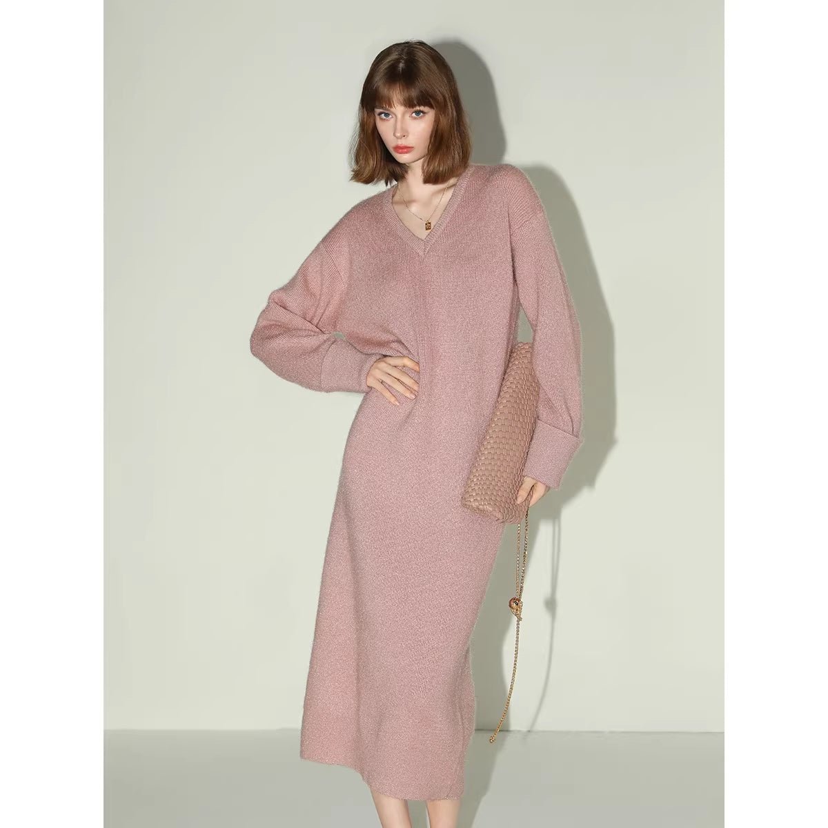 COCOBELLA_Elegant_Sparkle_Knit_V_Neck_Loose_Waist_H_Line_Long_Sleeve_Work_Dresses_MISSTT