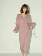 COCOBELLA Elegant Sparkle Knit V Neck Loose Waist H Line Long Sleeve Work Dresses