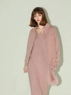 COCOBELLA Elegant Sparkle Knit V Neck Loose Waist H Line Long Sleeve Work Dresses