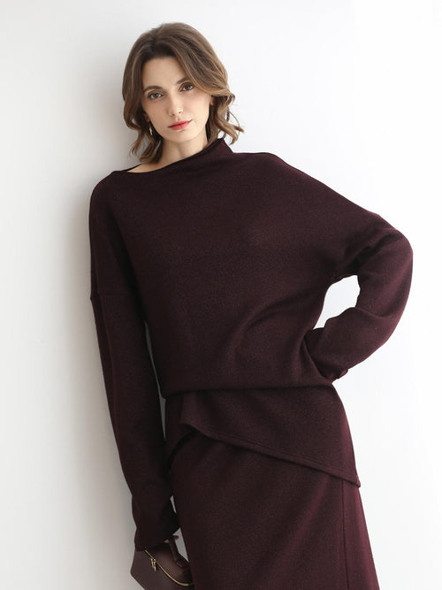 COCOBELLA Elegant Wine Red Two Piece Long Sleeve Commuter Women Knit Set Sweater