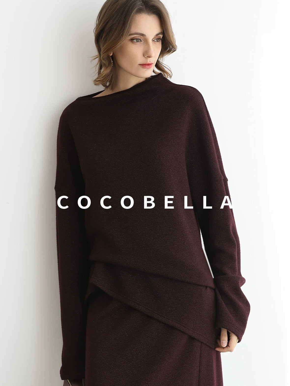 COCOBELLA Elegant Wine Red Two Piece Long Sleeve Commuter Women Knit Set Sweater