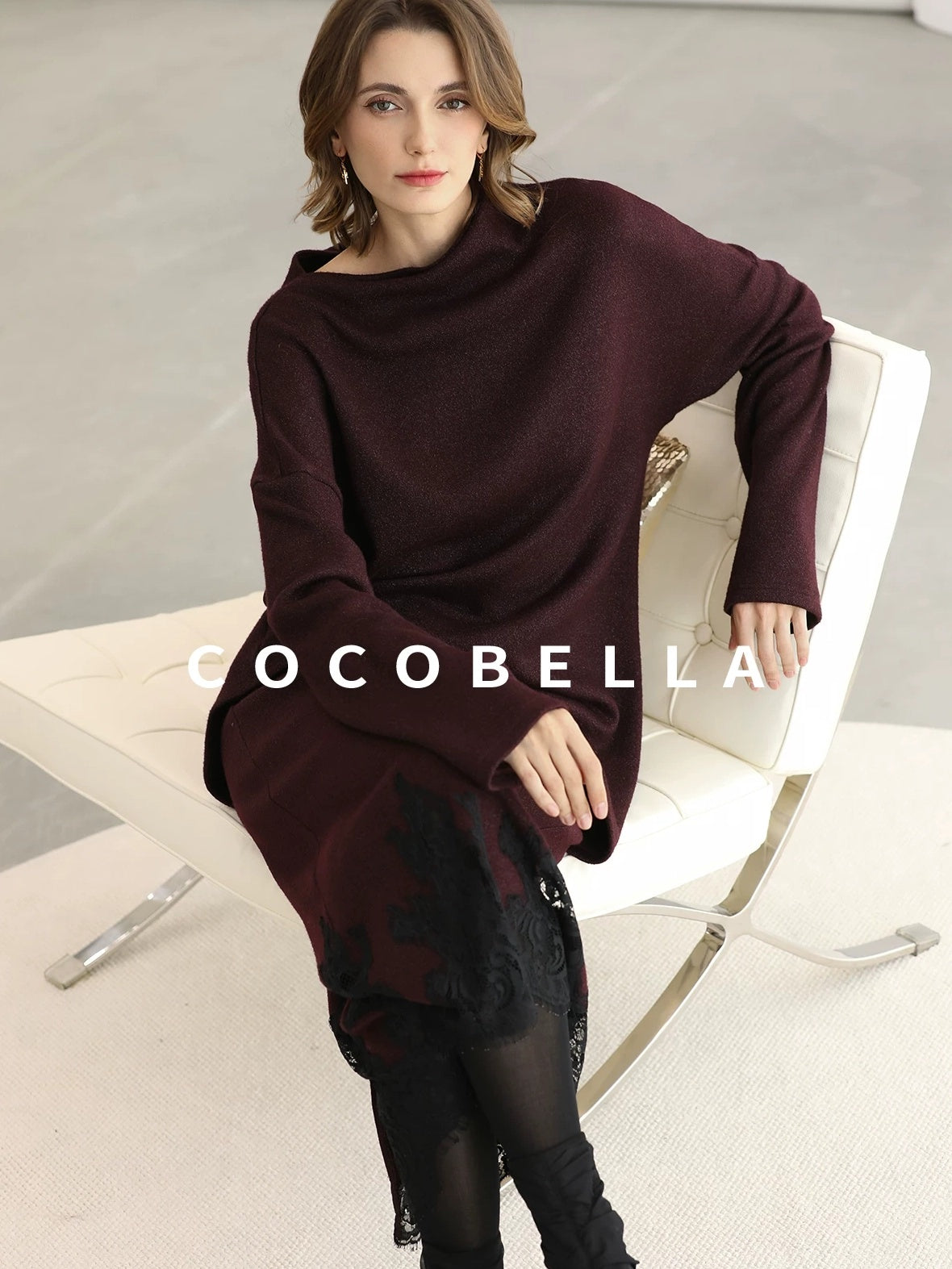 COCOBELLA Elegant Wine Red Two Piece Long Sleeve Commuter Women Knit Set Sweater