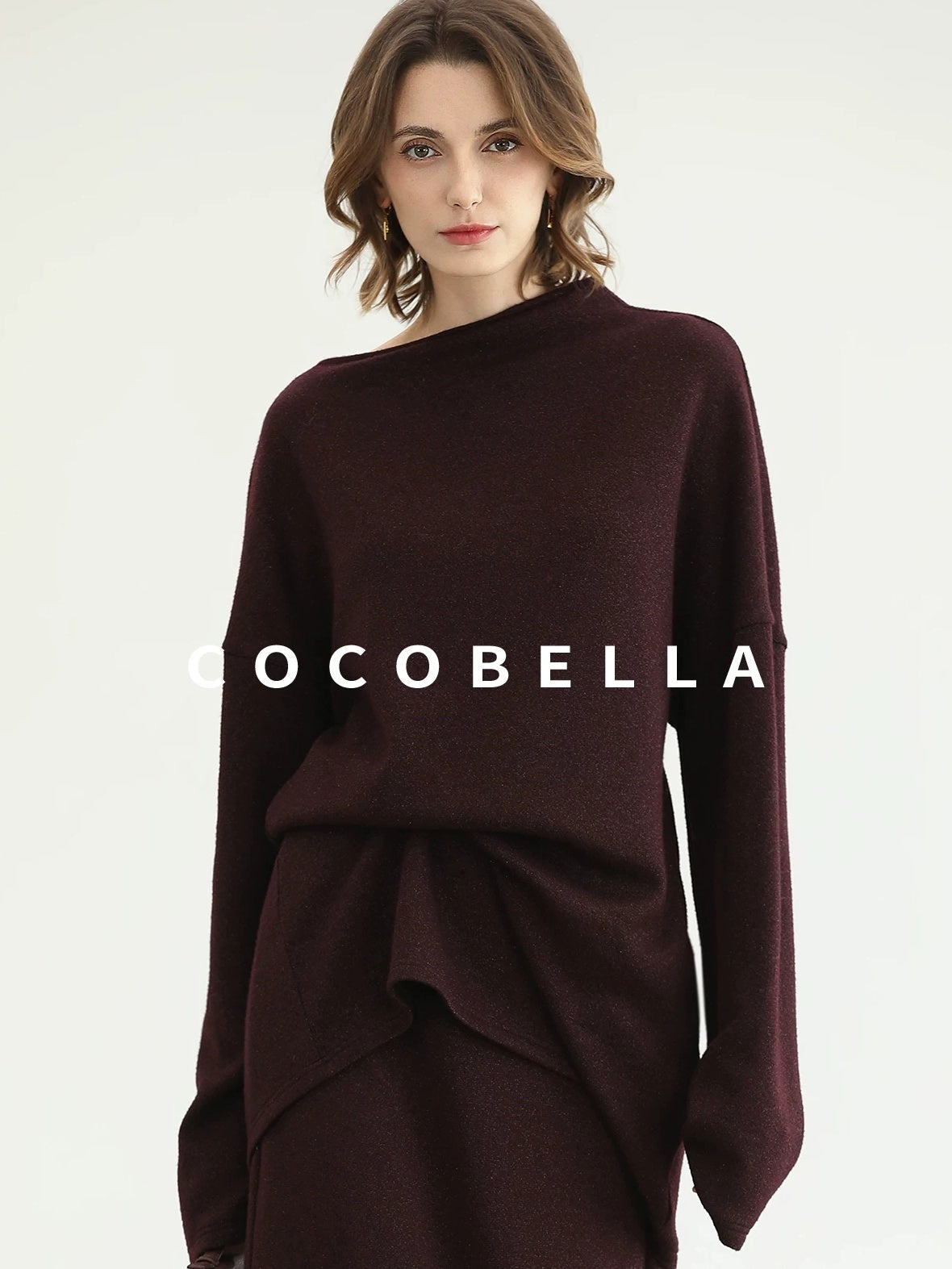 COCOBELLA Elegant Wine Red Two Piece Long Sleeve Commuter Women Knit Set Sweater