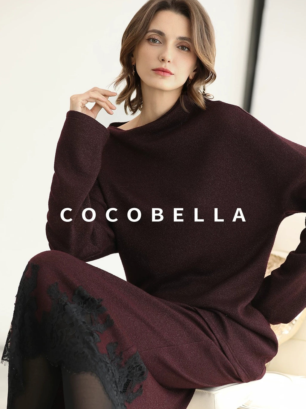 COCOBELLA Elegant Wine Red Two Piece Long Sleeve Commuter Women Knit Set Sweater