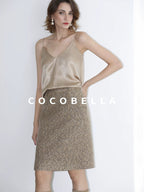COCOBELLA Elevated Shimmer Wool Blend Mid Waist Straight Women City Commute Short Skirts