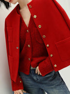 COCOBELLA Embroidered 3D Pocket Straight Fit Commuter Women Round Neck Wool Jackets