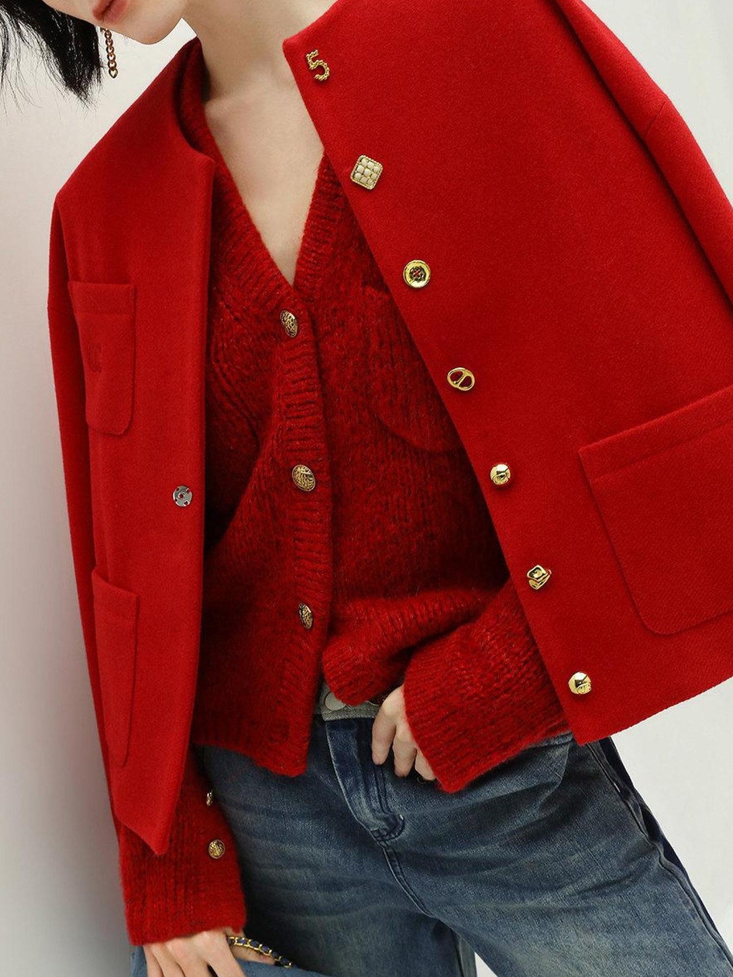 COCOBELLA Embroidered 3D Pocket Straight Fit Commuter Women Round Neck Wool Jackets