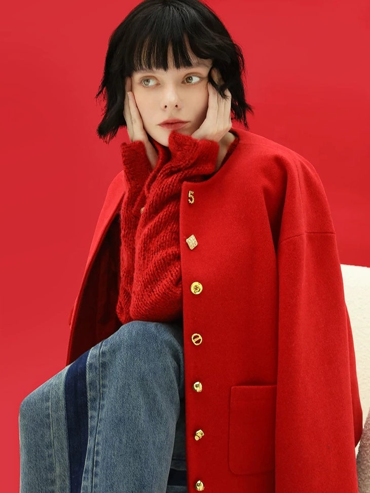 COCOBELLA Embroidered 3D Pocket Straight Fit Commuter Women Round Neck Wool Jackets