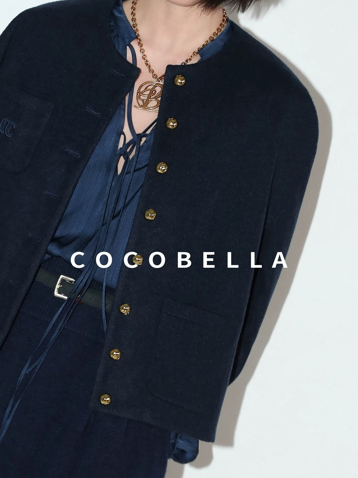 COCOBELLA Embroidered Button Pocket Design Straight Fit Commuter Women Polyester Navy Coats