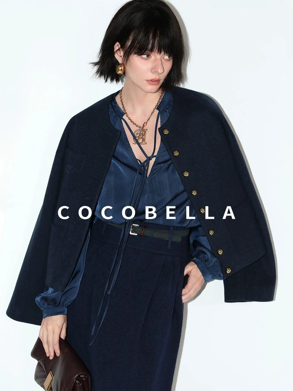 COCOBELLA Embroidered Button Pocket Design Straight Fit Commuter Women Polyester Navy Coats