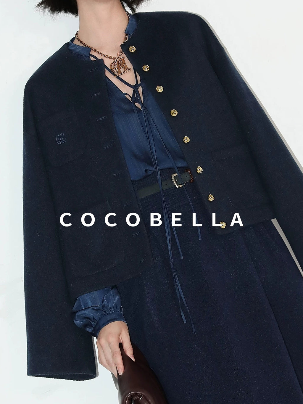 COCOBELLA Embroidered Button Pocket Design Straight Fit Commuter Women Polyester Navy Coats