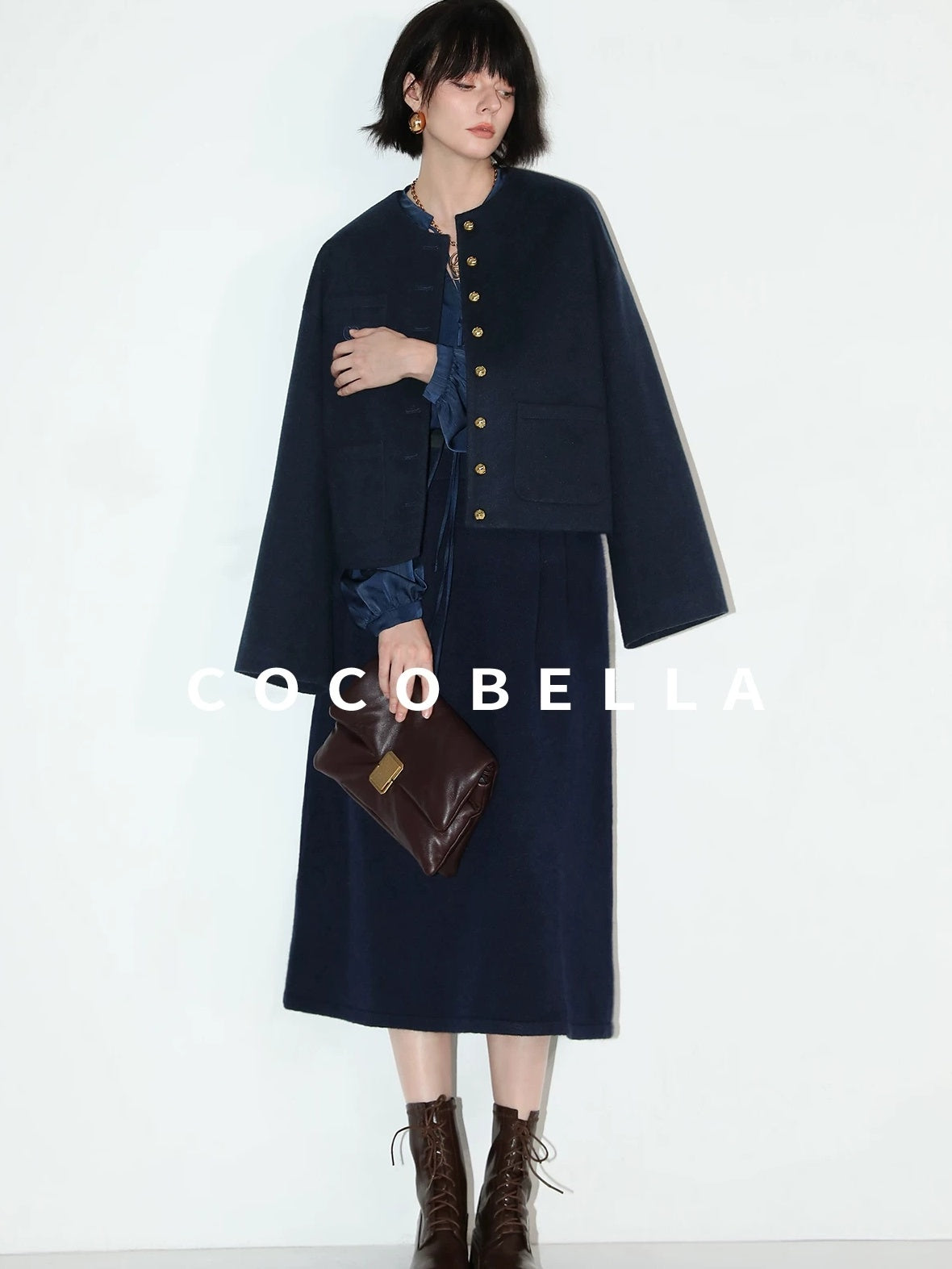 COCOBELLA Embroidered Button Pocket Design Straight Fit Commuter Women Polyester Navy Coats