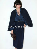 COCOBELLA Embroidered Button Pocket Design Straight Fit Commuter Women Polyester Navy Coats