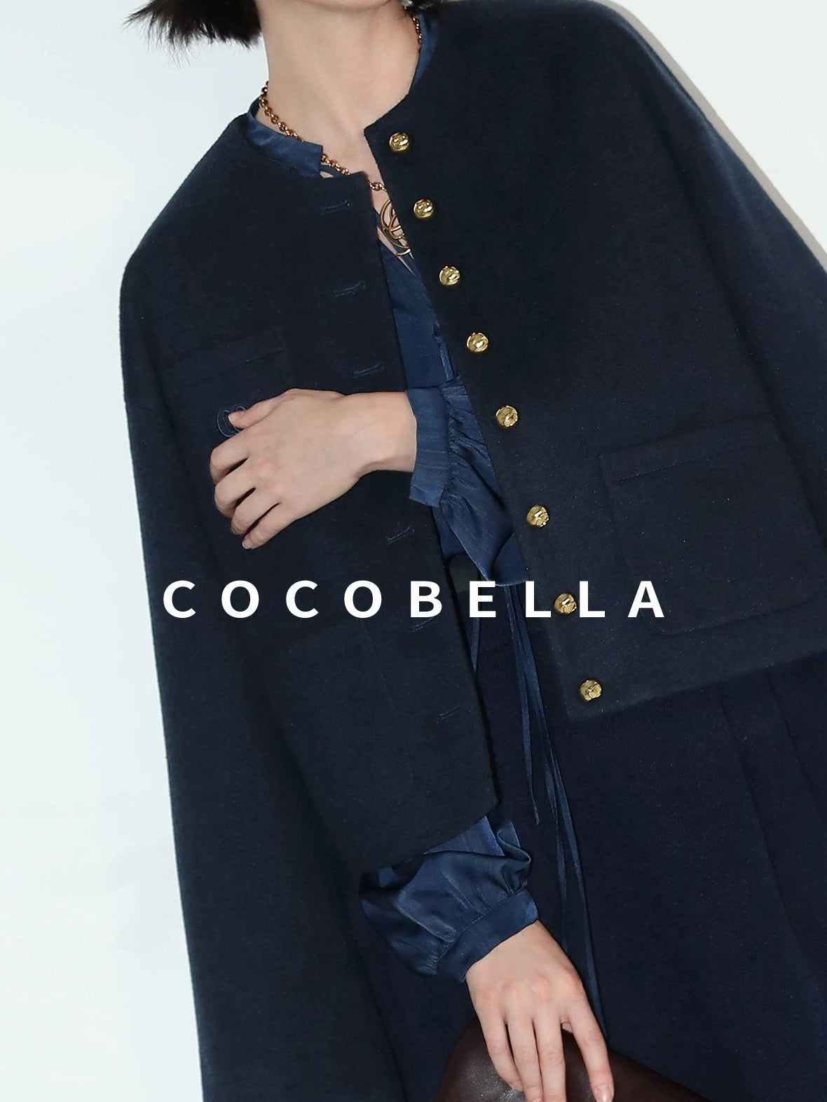 COCOBELLA Embroidered Button Pocket Design Straight Fit Commuter Women Polyester Navy Coats