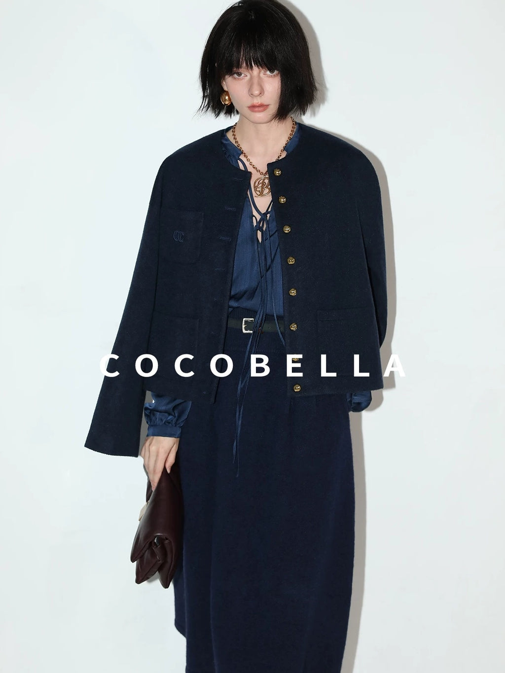COCOBELLA Embroidered Button Pocket Design Straight Fit Commuter Women Polyester Navy Coats