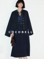 COCOBELLA Embroidered Button Pocket Design Straight Fit Commuter Women Polyester Navy Coats