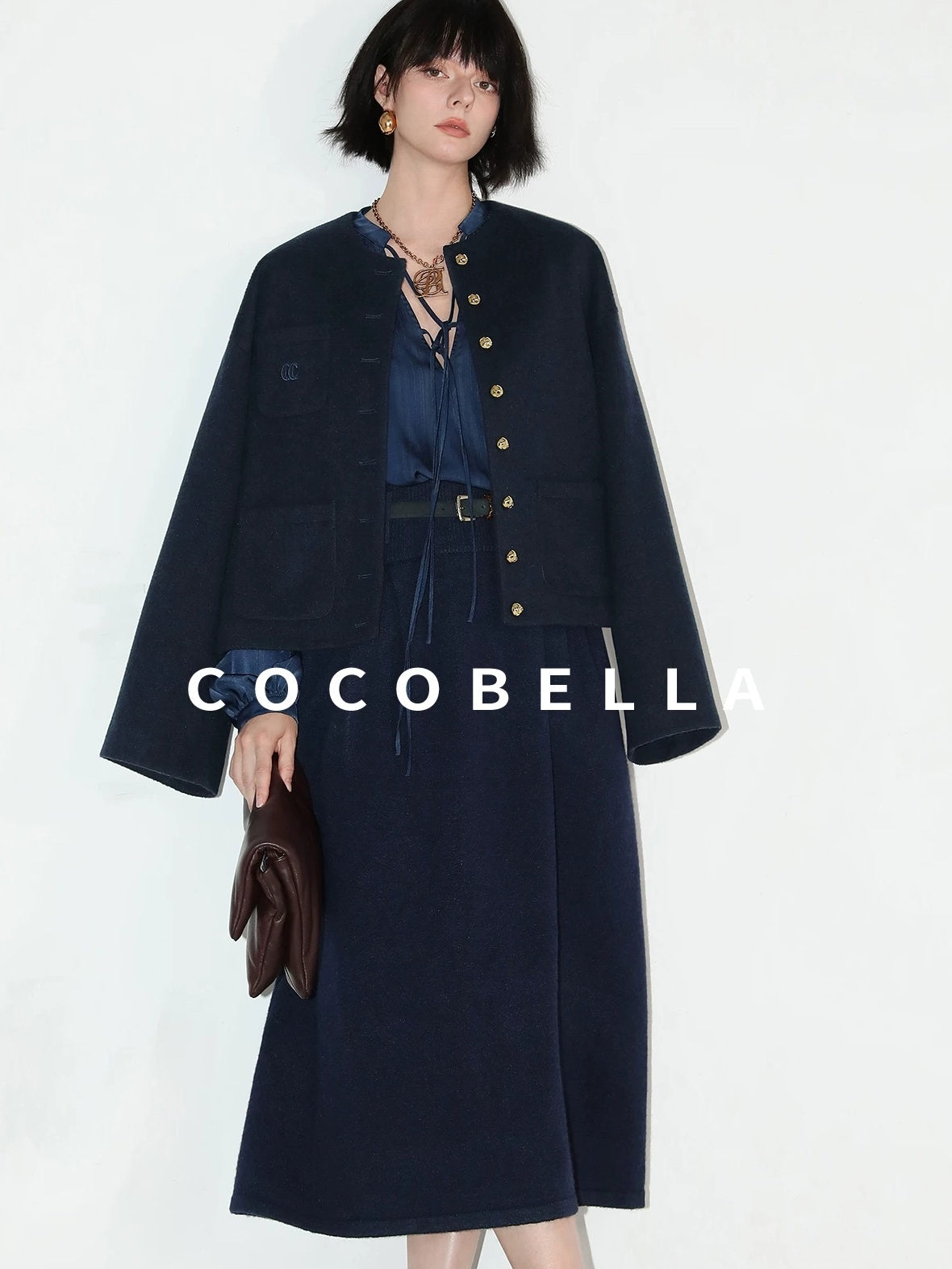 COCOBELLA Embroidered Button Pocket Design Straight Fit Commuter Women Polyester Navy Coats