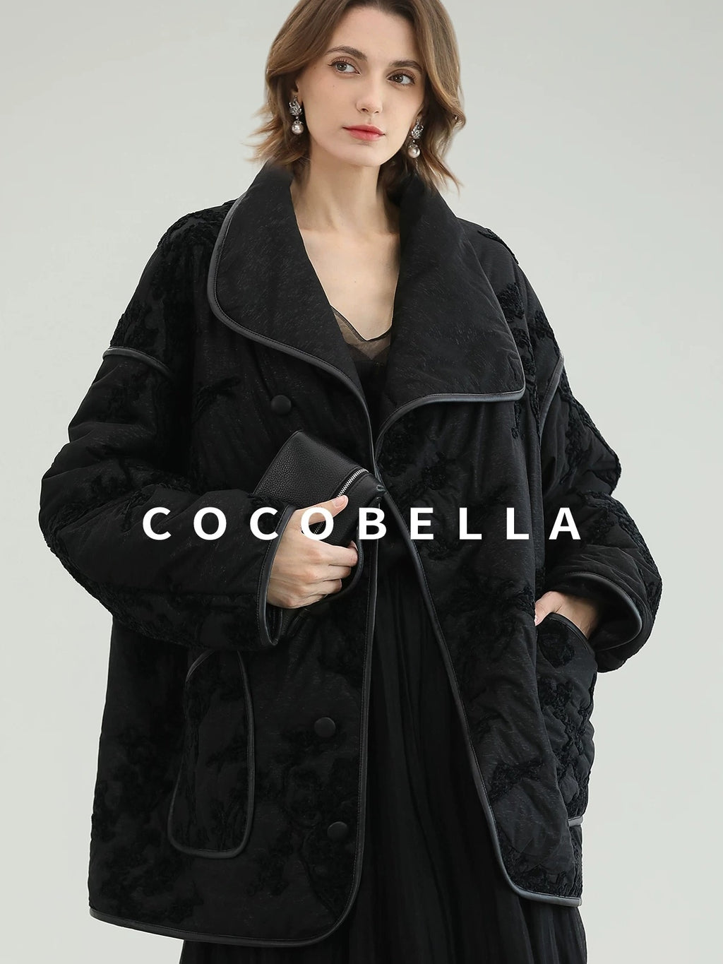 COCOBELLA Embroidered Button Pocket Loose Fit Mall Ready Women Black Padded Jackets